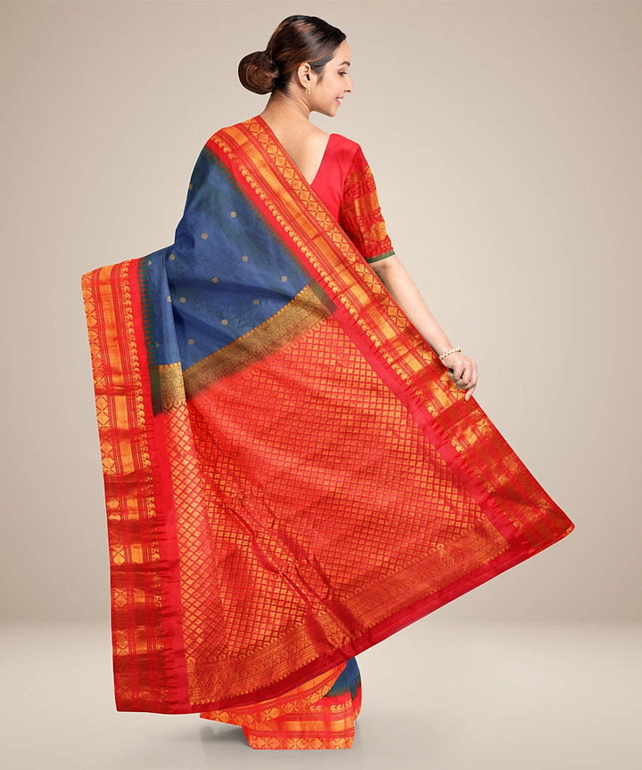 Blue red handwoven silk gadwal saree