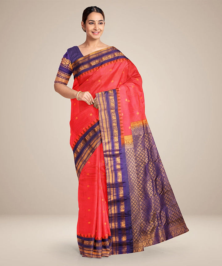 Pink blue handwoven silk gadwal saree