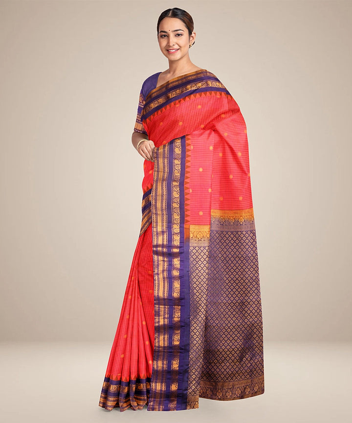 Pink blue handwoven silk gadwal saree