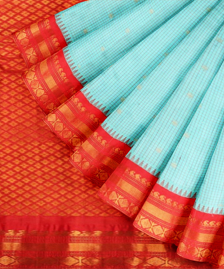 Sky blue red handwoven gadwal silk saree