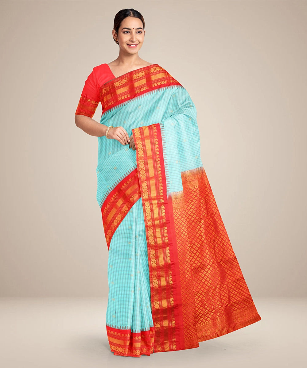 Sky blue red handwoven gadwal silk saree