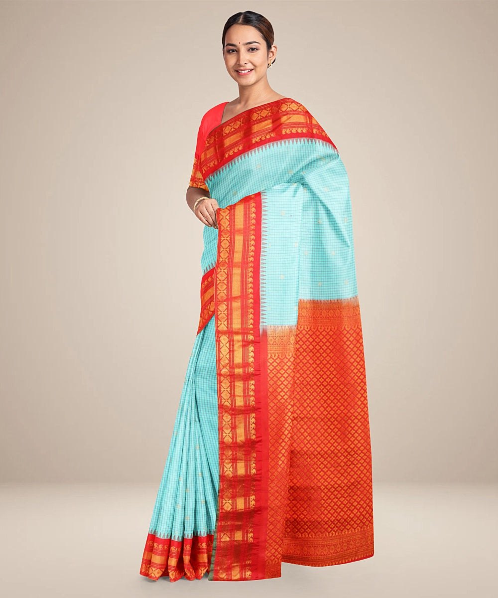 Sky blue red handwoven gadwal silk saree