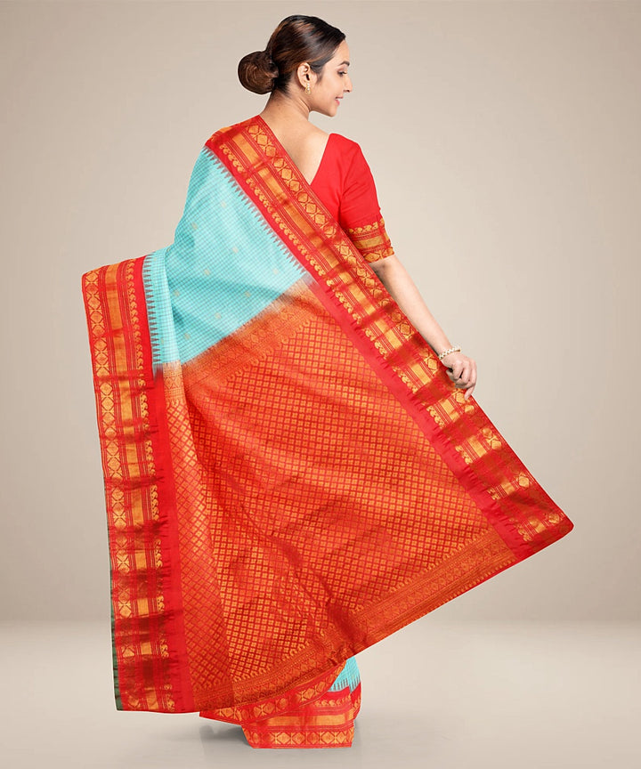 Sky blue red handwoven gadwal silk saree