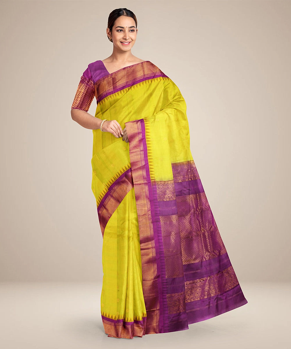 Limegreen purple handwoven gadwal silk saree