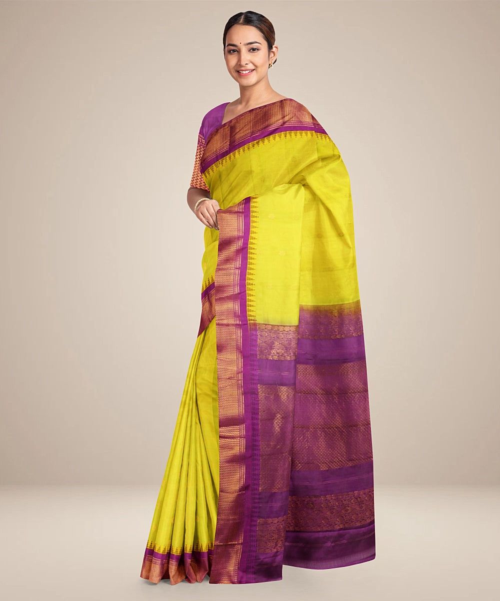 Limegreen purple handwoven gadwal silk saree