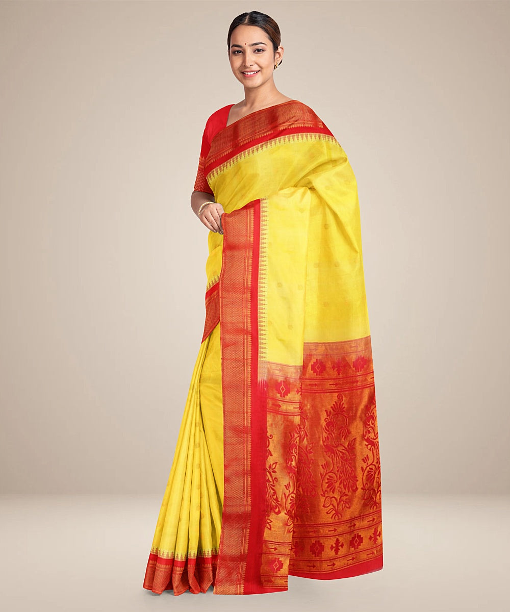 Yellow red gadwal silk handwoven saree