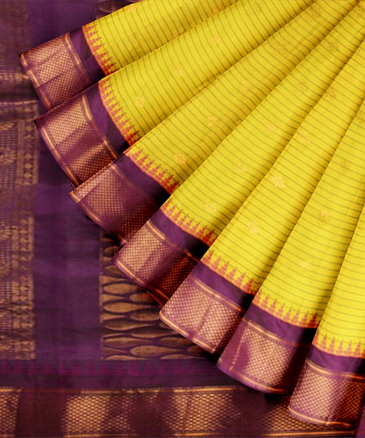 Yellow purple gadwal handwoven silk saree