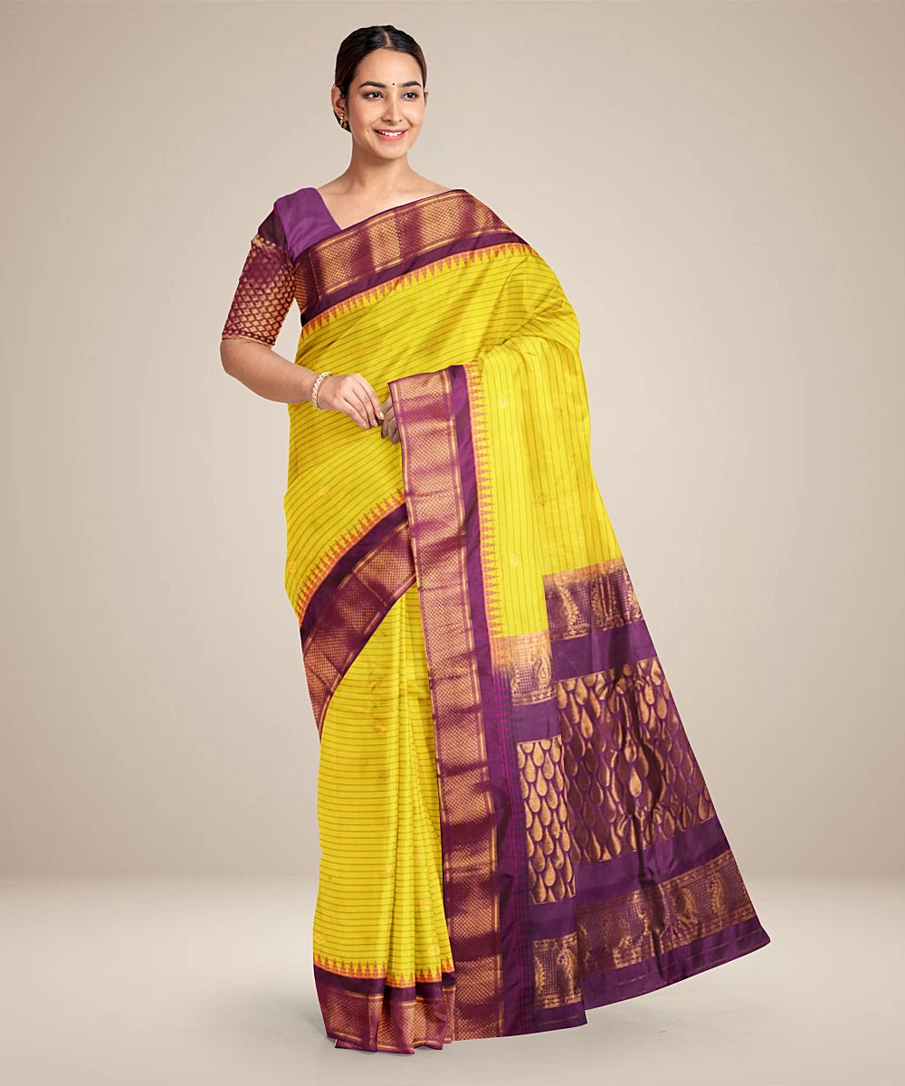 Yellow purple gadwal handwoven silk saree