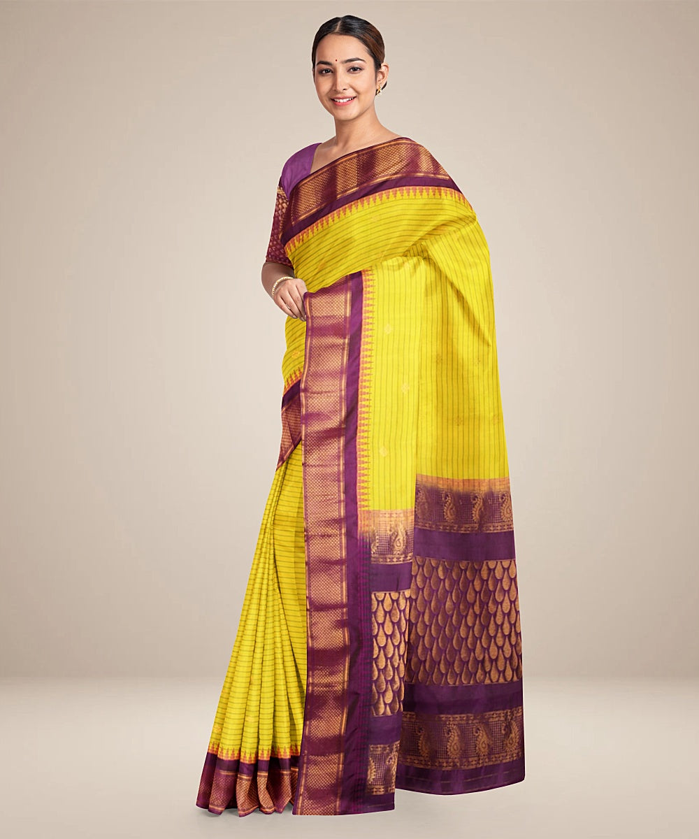 Yellow purple gadwal handwoven silk saree