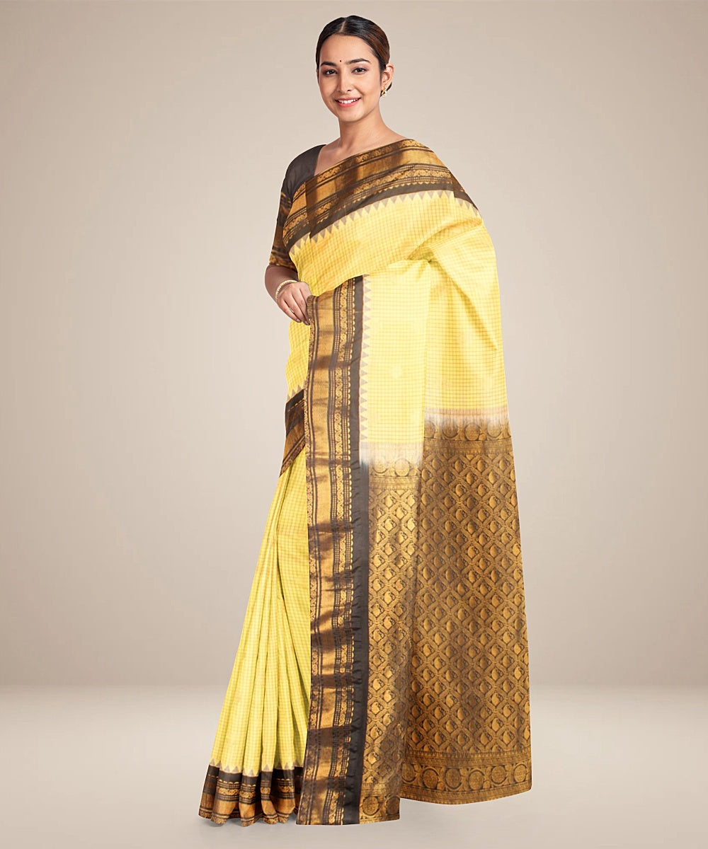 Light yellow black handwoven gadwal silk saree