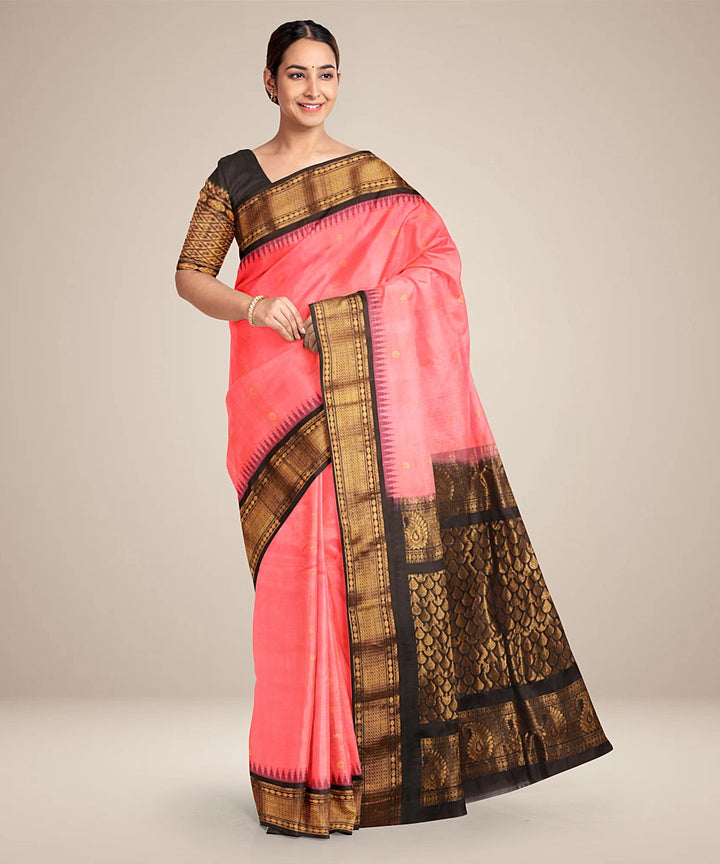 Pink black gadwal handwoven silk saree