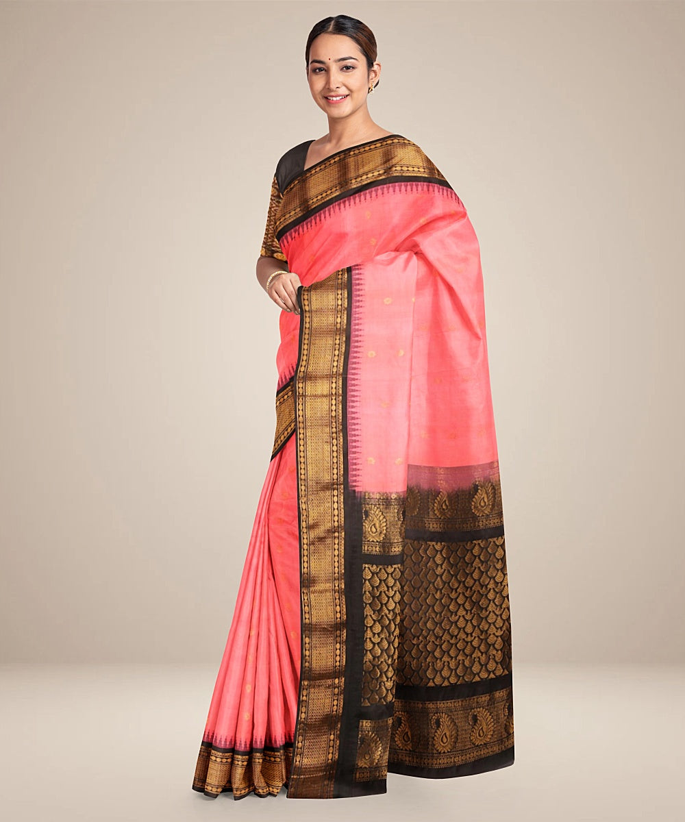 Pink black gadwal handwoven silk saree