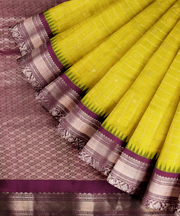 Lime green purple handwoven gadwal silk saree