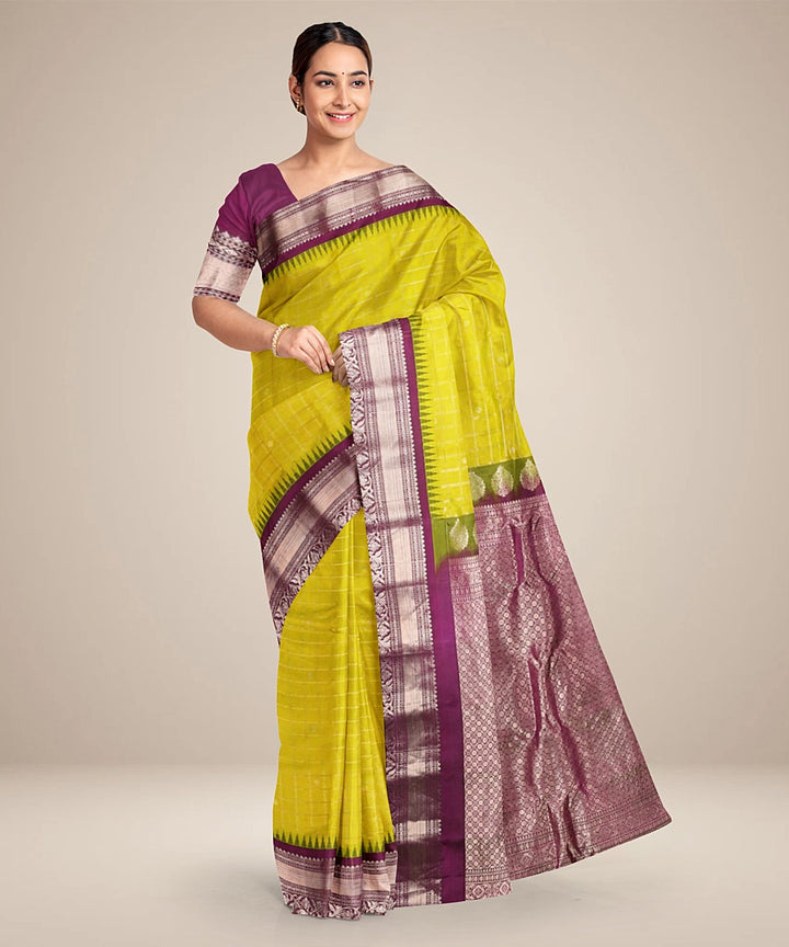 Lime green purple handwoven gadwal silk saree