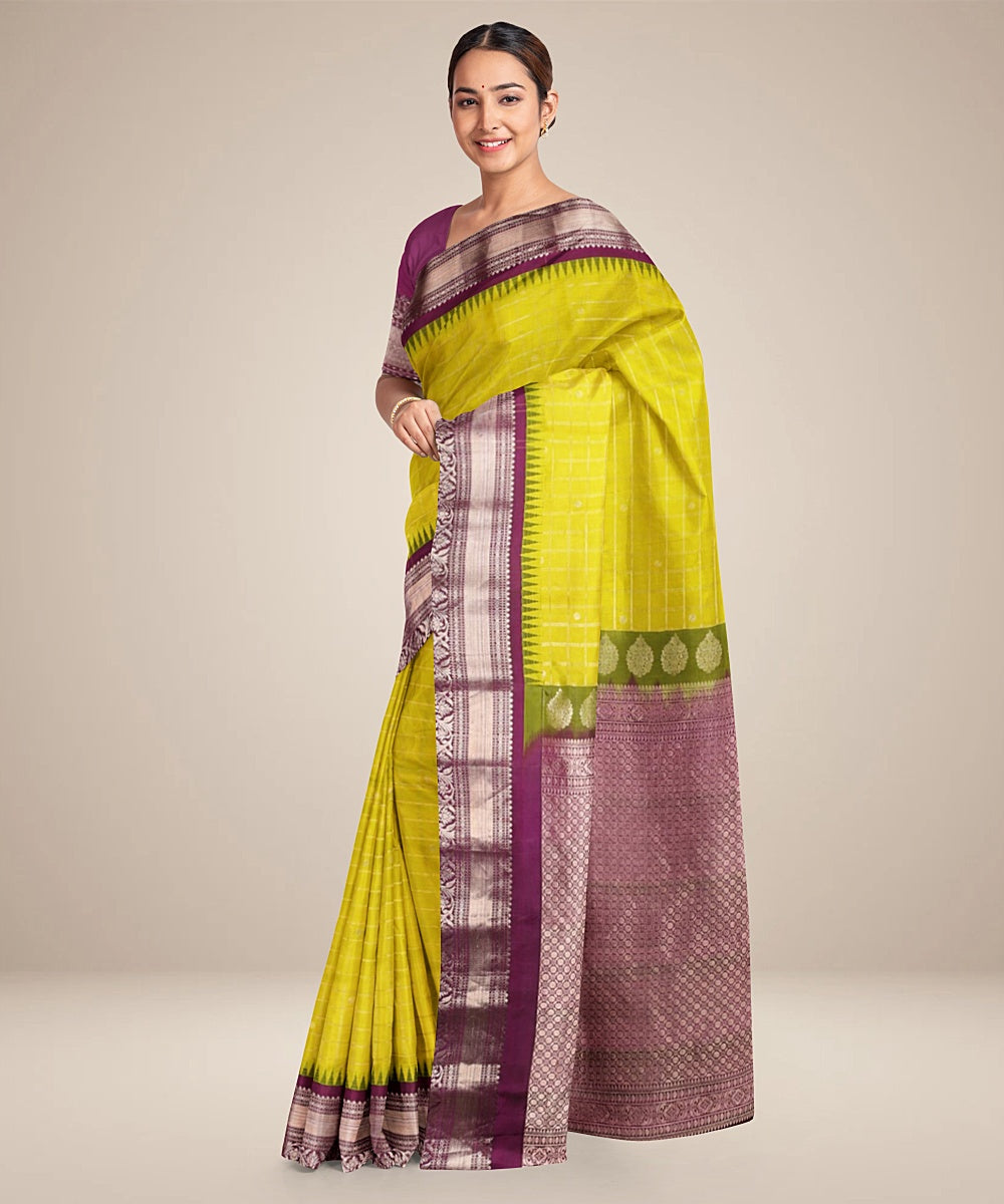 Lime green purple handwoven gadwal silk saree