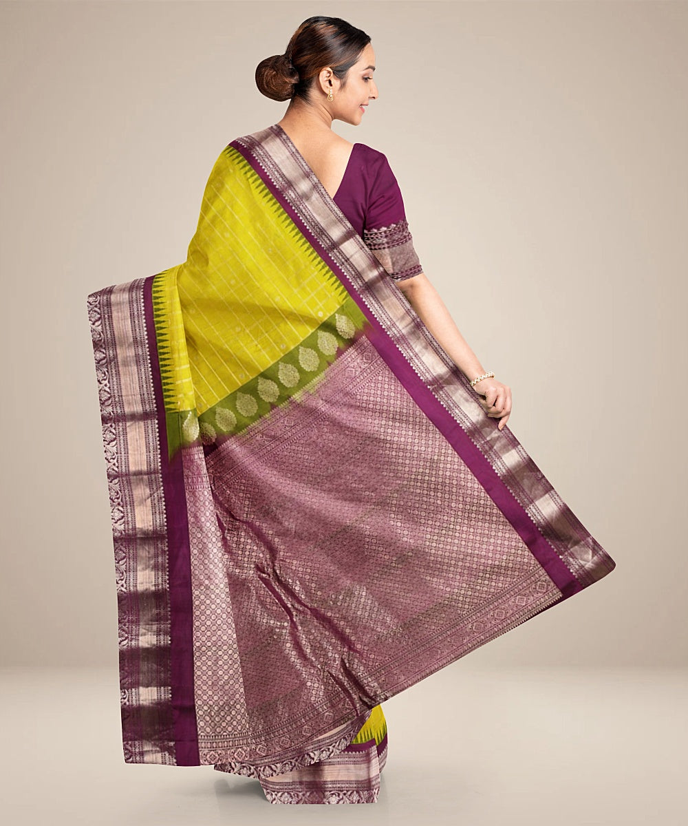 Lime green purple handwoven gadwal silk saree