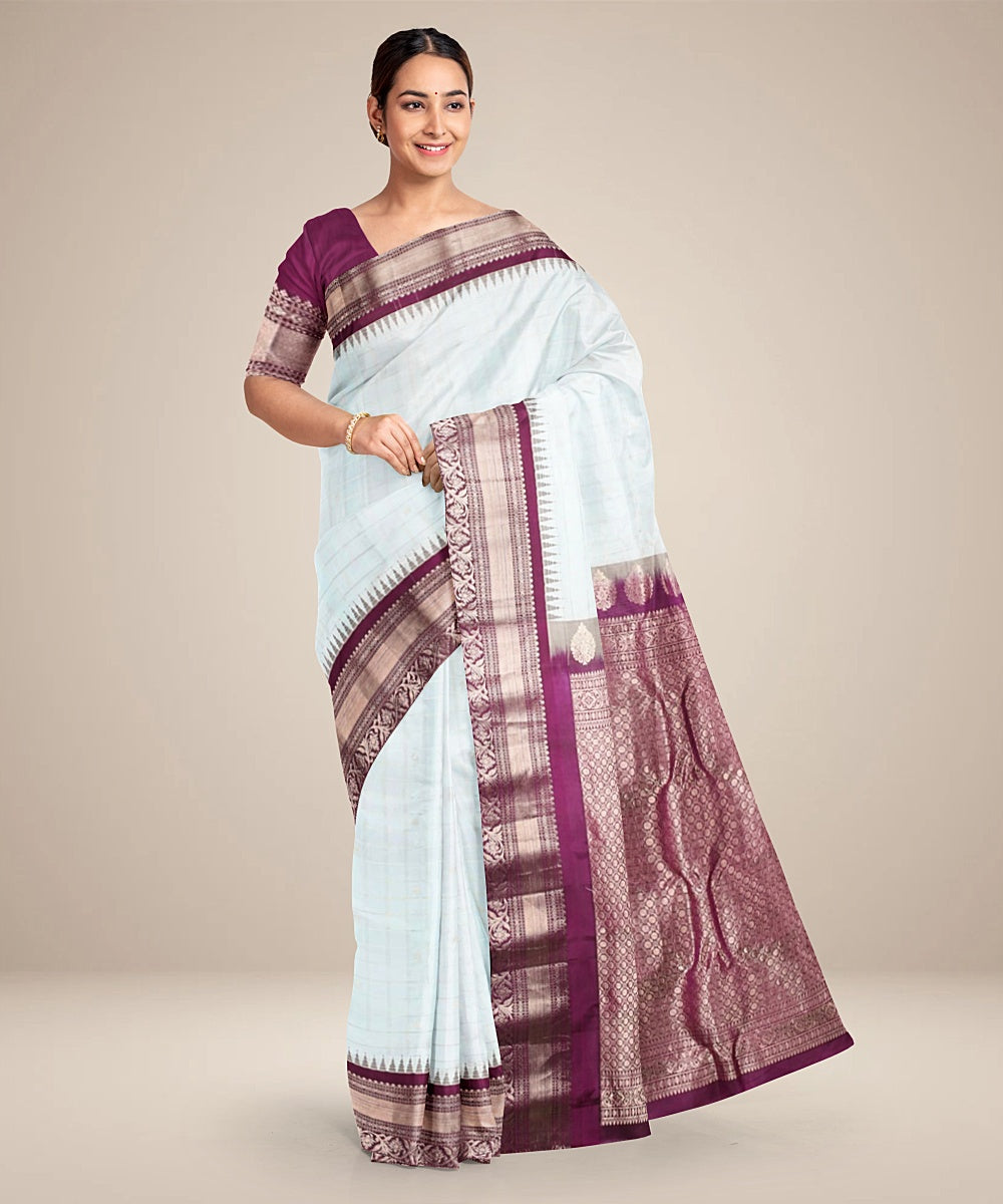 White dark purple handwoven gadwal silk saree