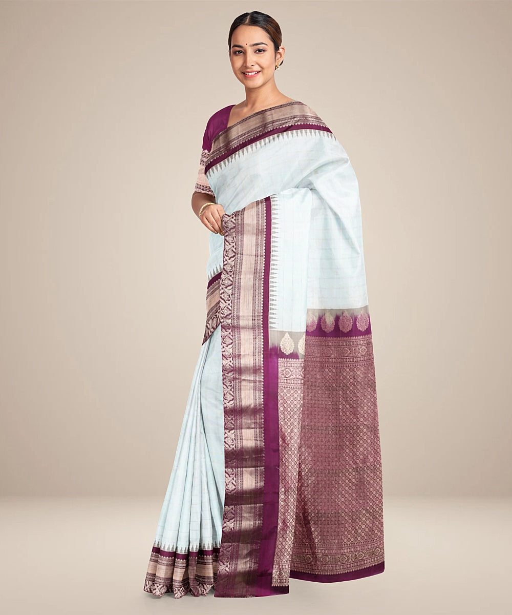 White dark purple handwoven gadwal silk saree