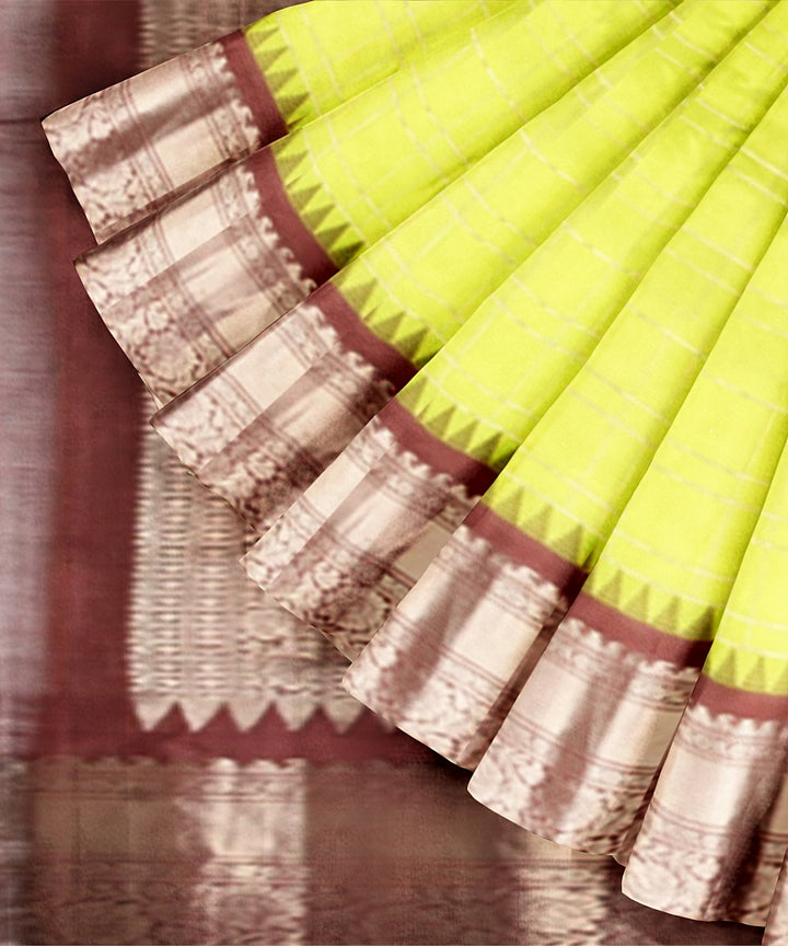 Lime green brown handwoven gadwal silk saree