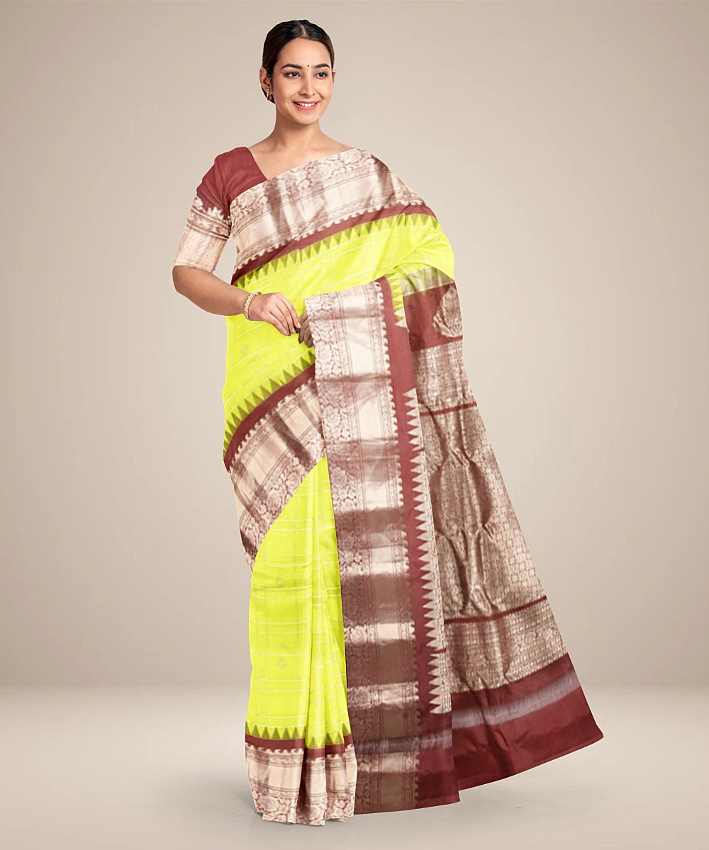 Lime green brown handwoven gadwal silk saree