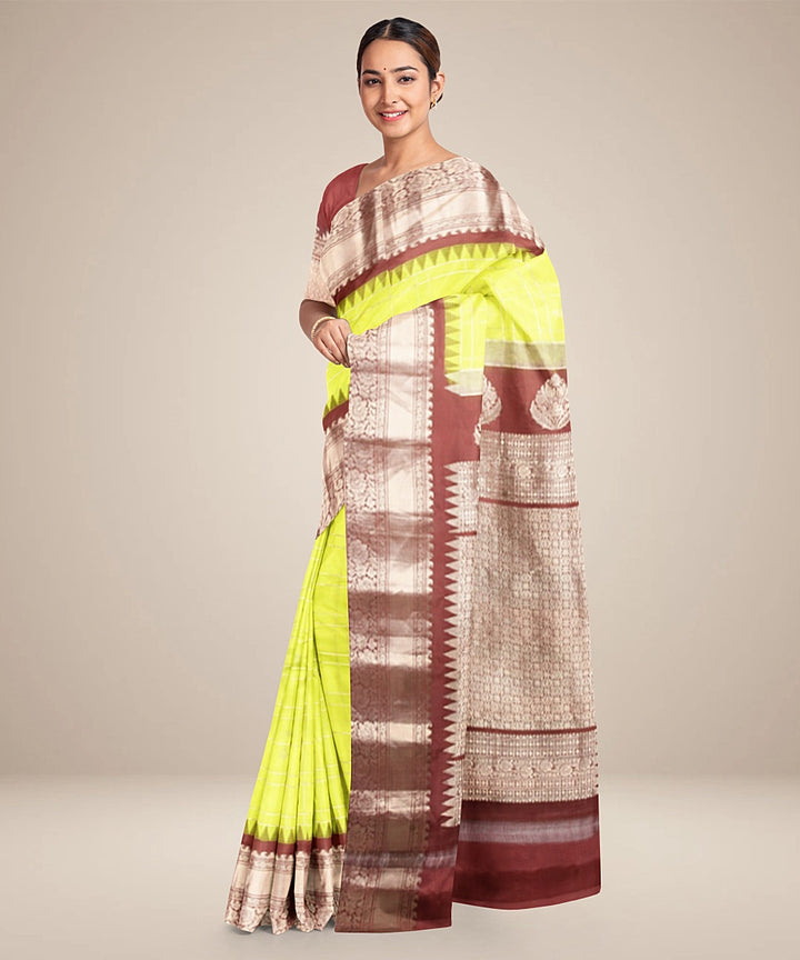 Lime green brown handwoven gadwal silk saree