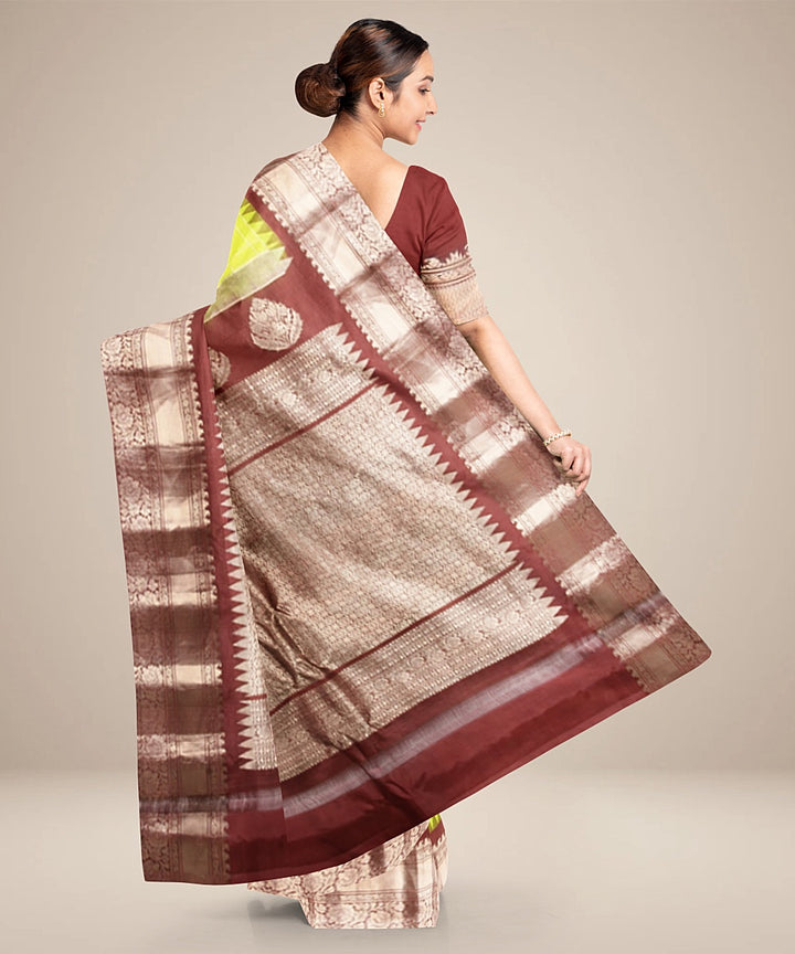 Lime green brown handwoven gadwal silk saree