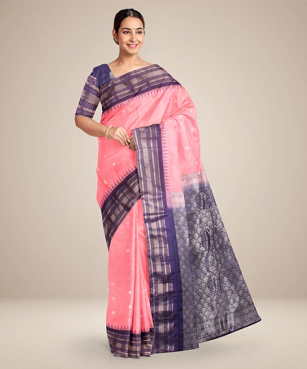 Pink dark blue handwoven gadwal silk saree