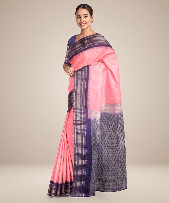 Pink dark blue handwoven gadwal silk saree