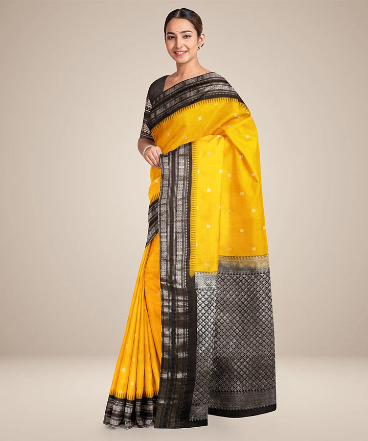 Yellow black gadwal silk handwoven saree