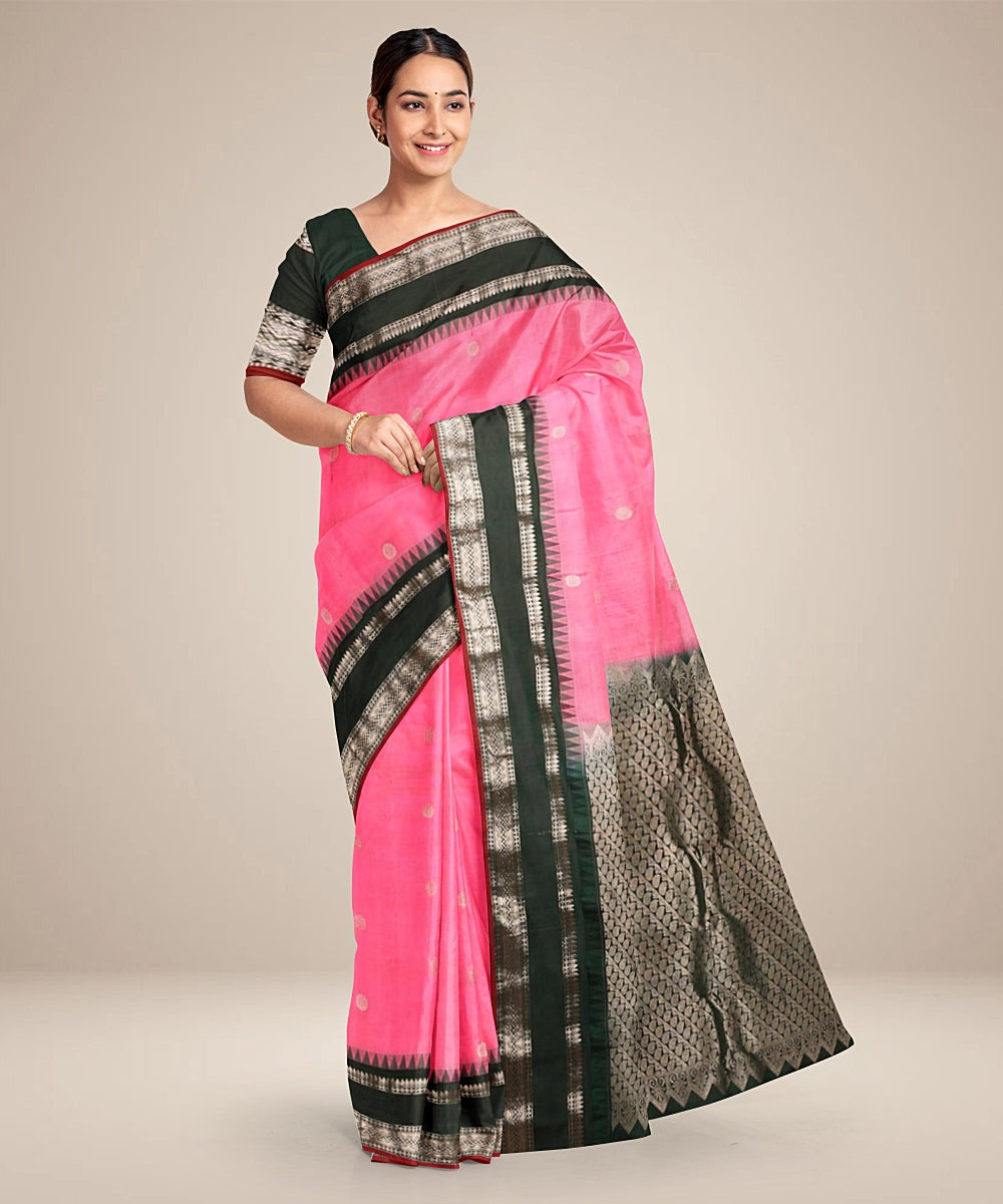 Pink black handwoven silk gadwal saree