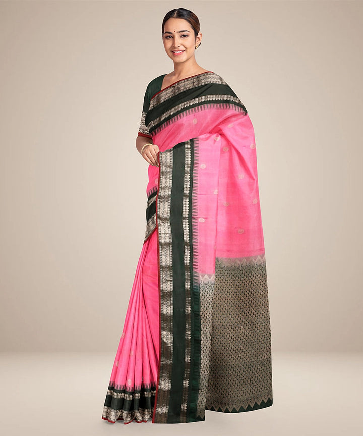 Pink black handwoven silk gadwal saree