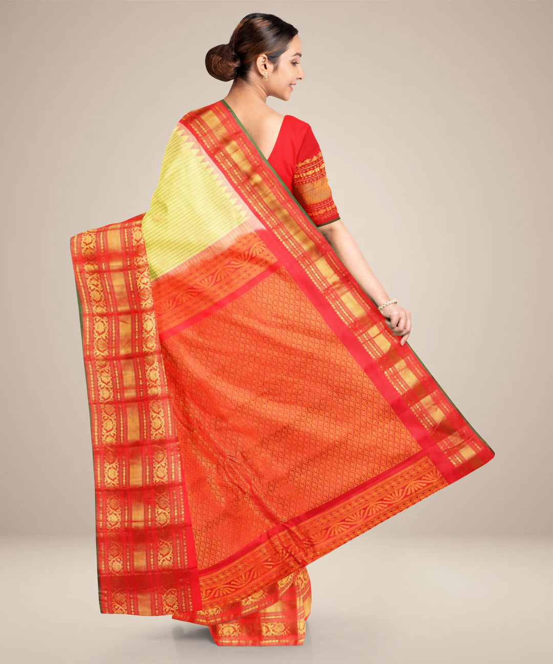 Light yellow red handwoven gadwal silk saree