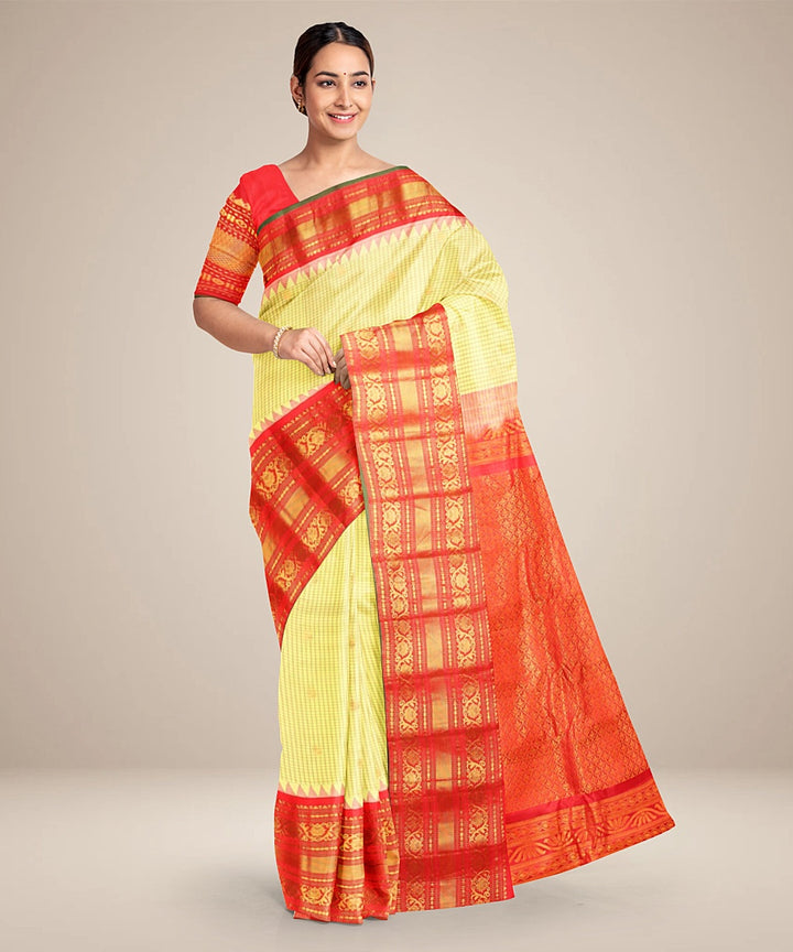 Light yellow red handwoven gadwal silk saree