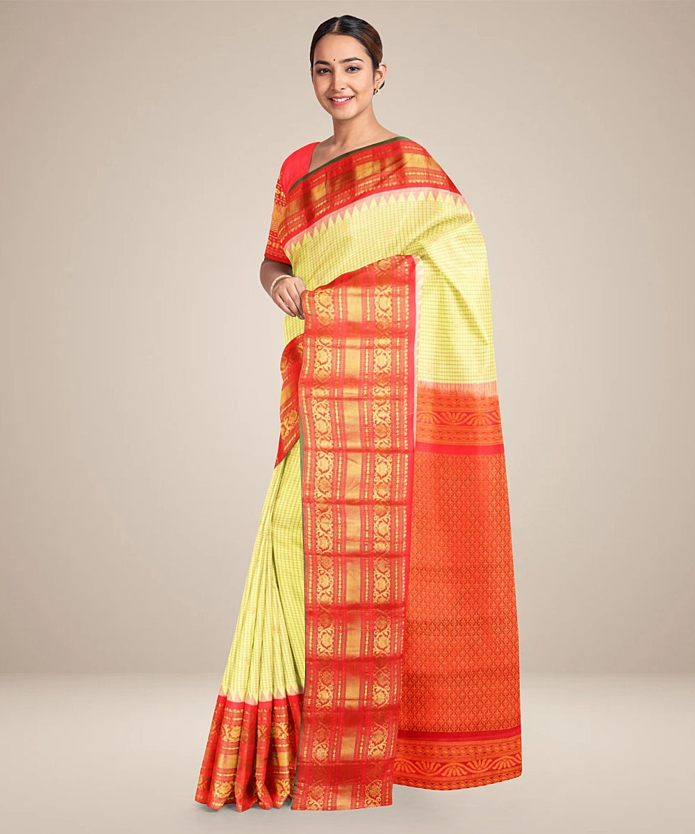 Light yellow red handwoven gadwal silk saree