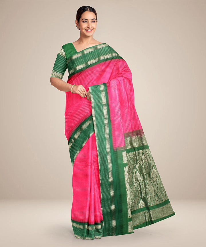 Pink green handwoven gadwal silk saree