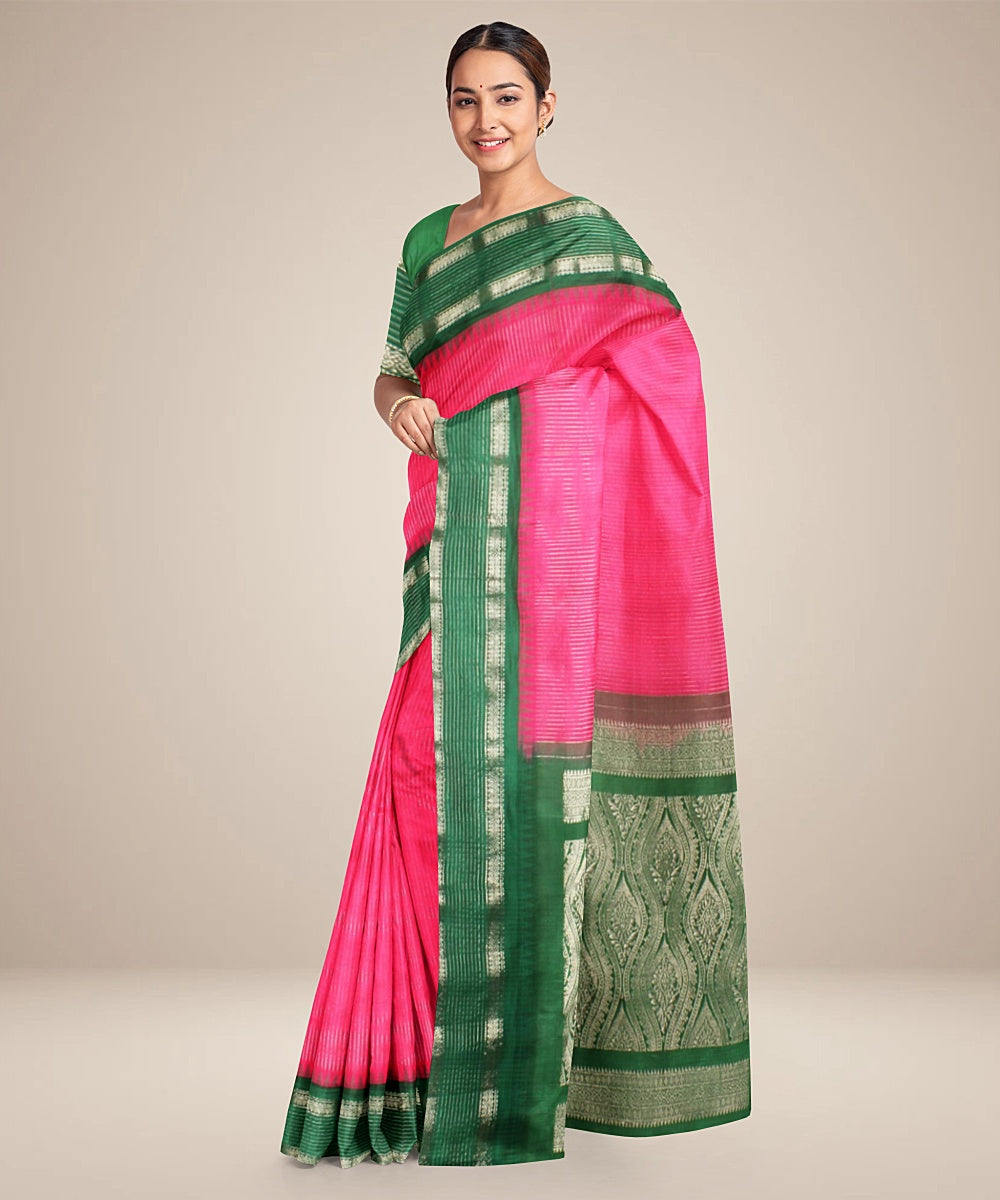 Pink green handwoven gadwal silk saree