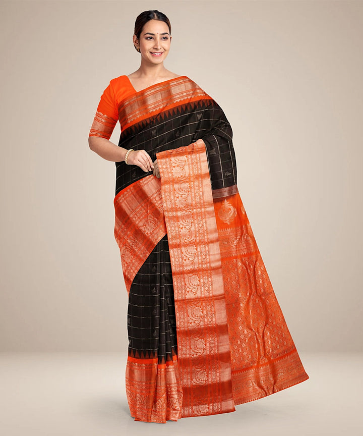 Black orange handwoven gadwal silk saree