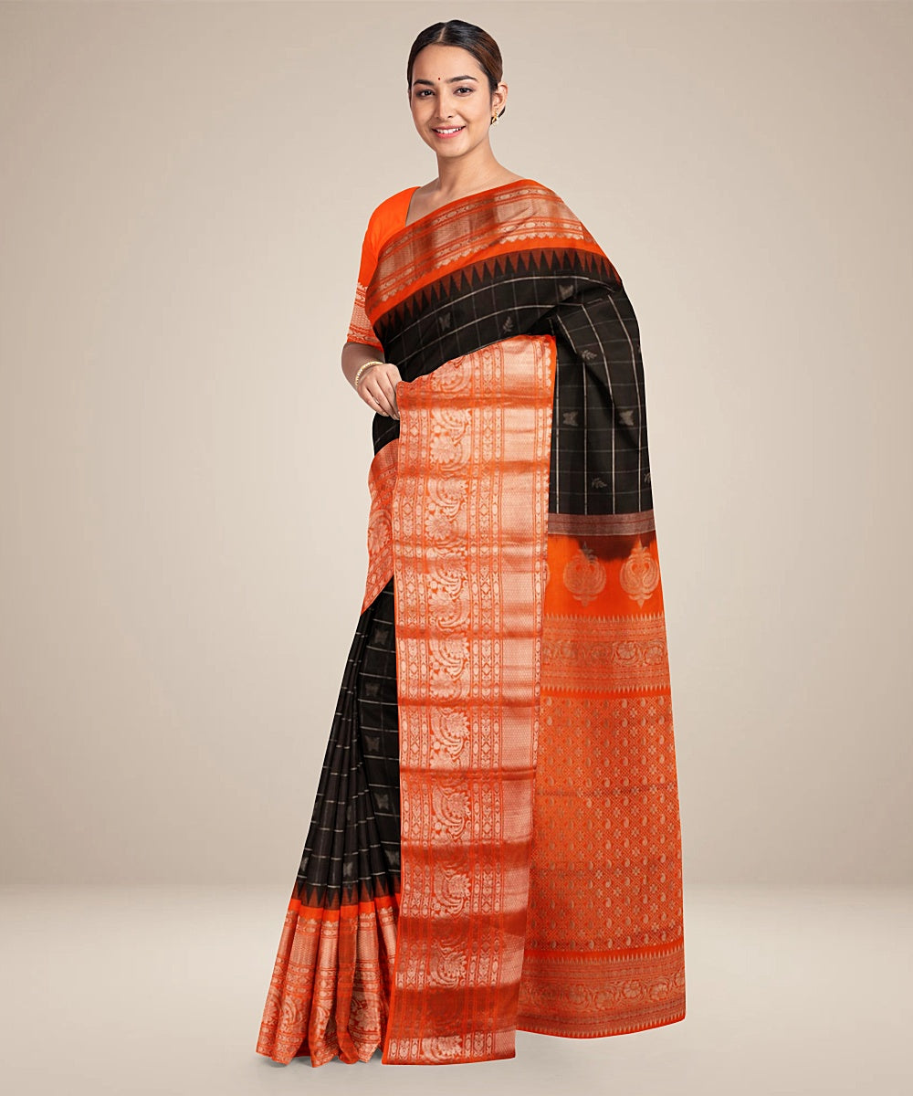 Black orange handwoven gadwal silk saree