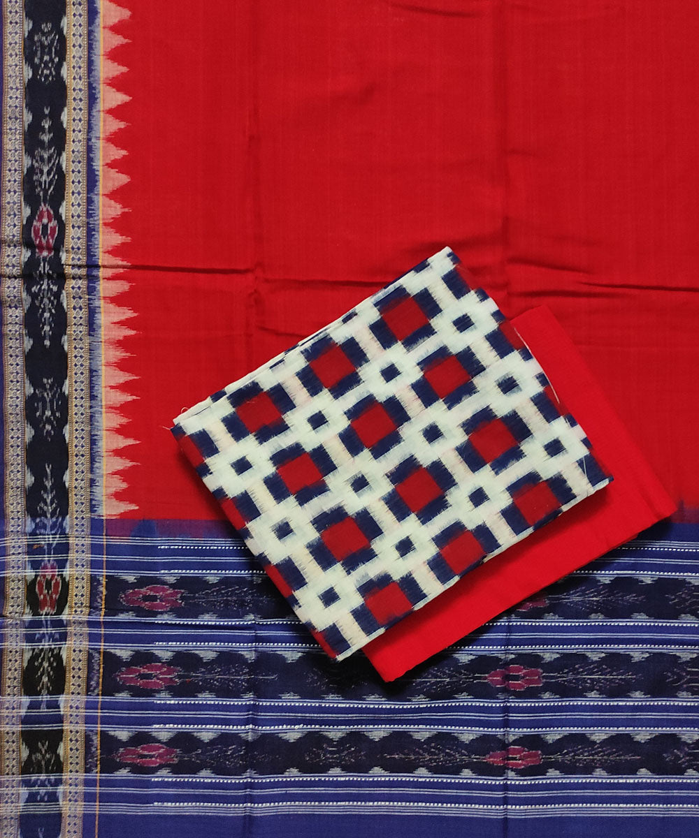 3pc White red handwoven cotton double ikat sambalpuri dress material