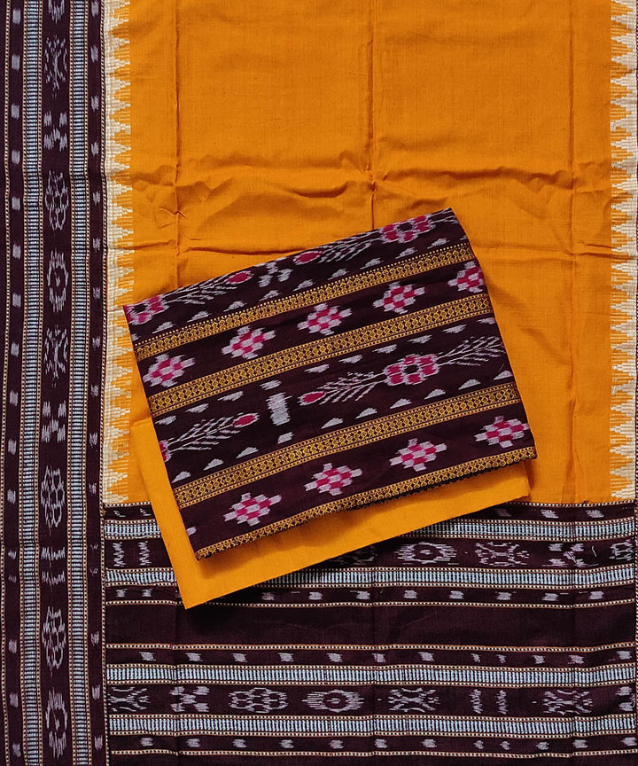 Brown yellow stitched border handloom cotton sambalpuri dress material