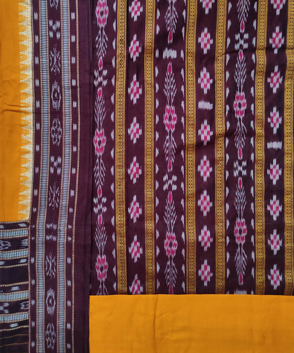 Brown yellow stitched border handloom cotton sambalpuri dress material