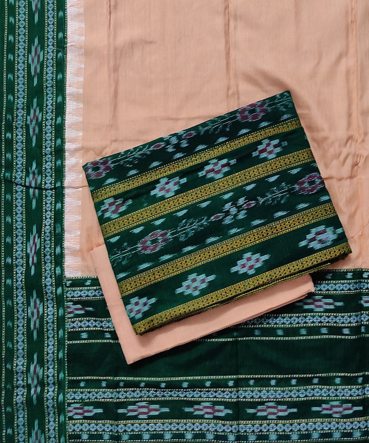 Peach green stitched border handloom cotton sambalpuri dress material