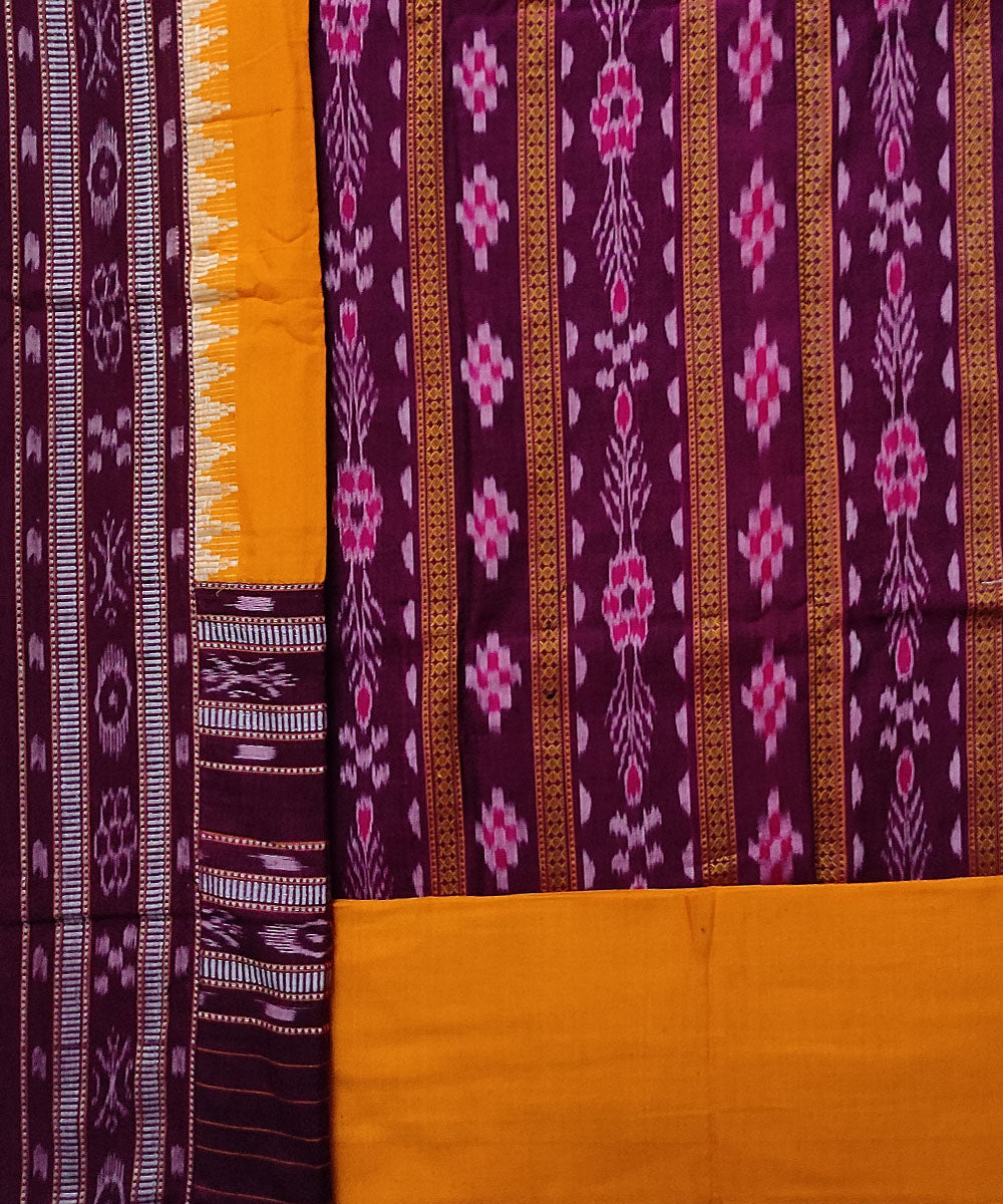 Purple yellow stitched border cotton sambalpuri dress material