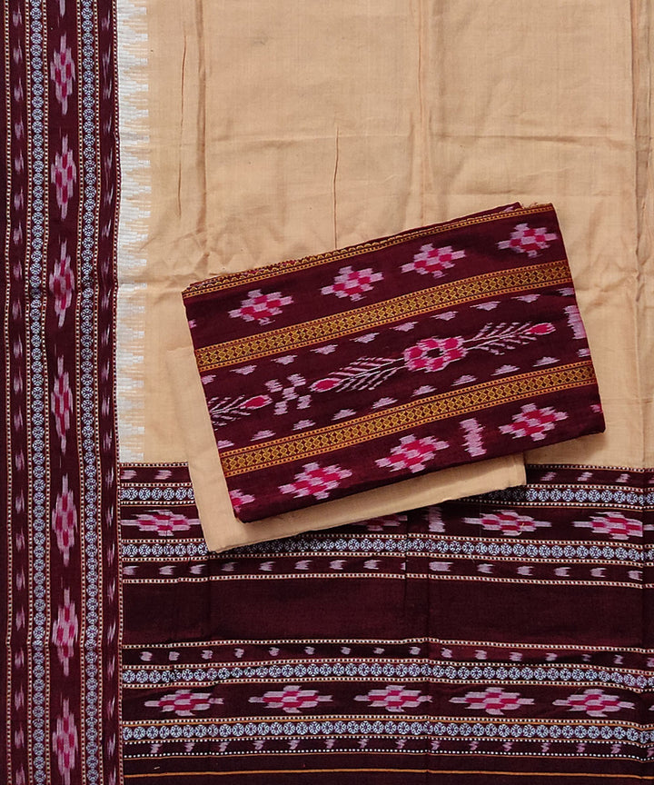 Brown peach handloom stitched border cotton sambalpuri dress material