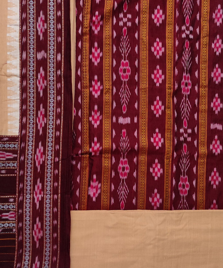 Brown peach handloom stitched border cotton sambalpuri dress material