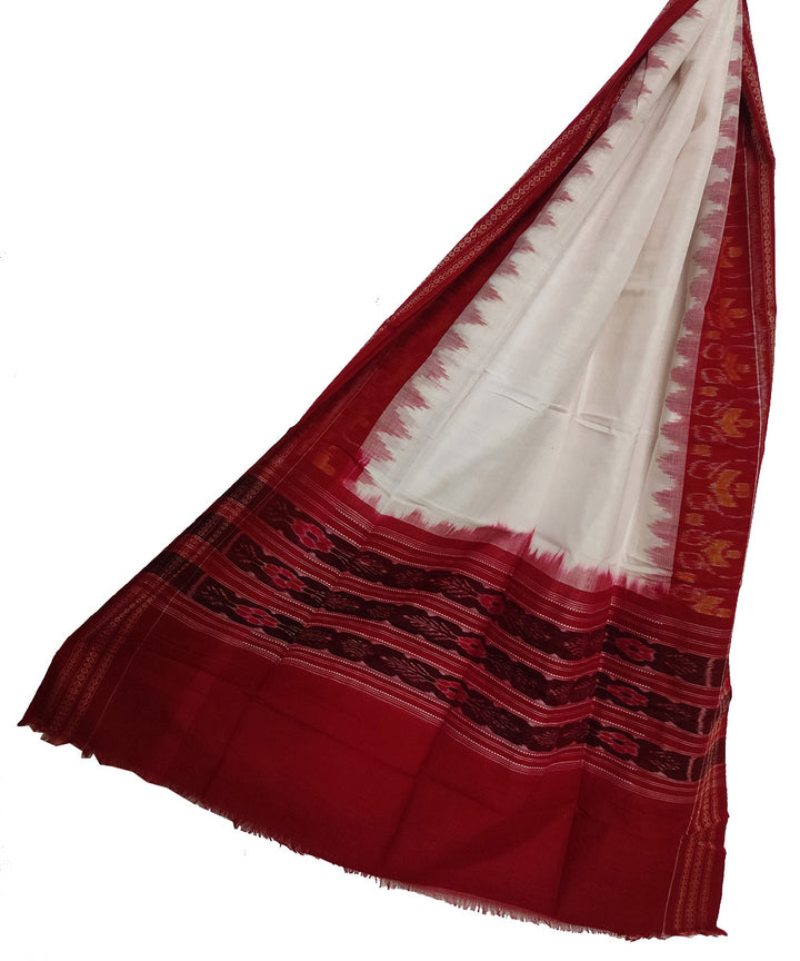 Off white red handwoven cotton sambalpuri dupatta