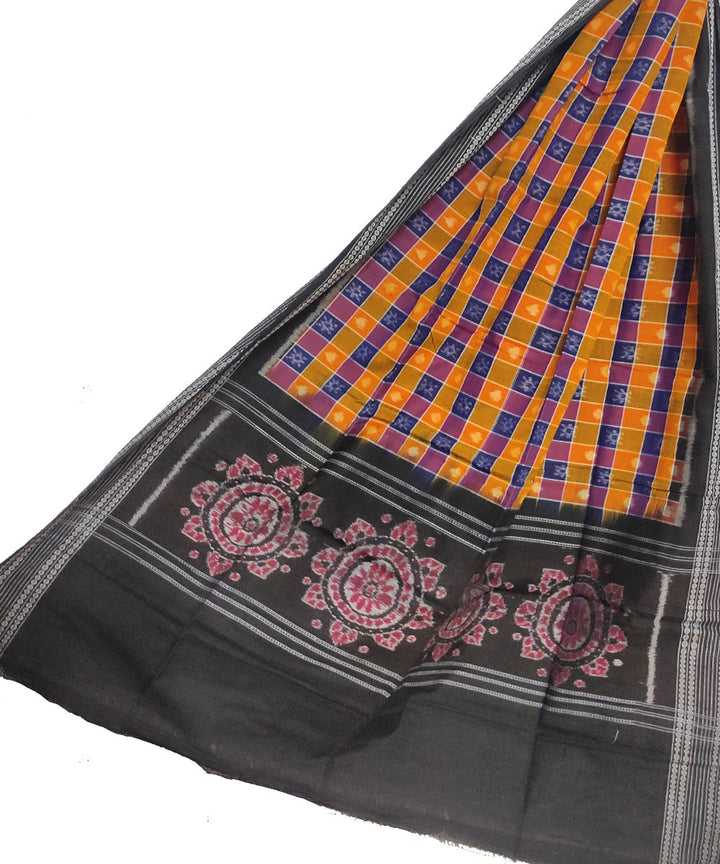 Yellow black checked handloom cotton sambalpuri dupatta