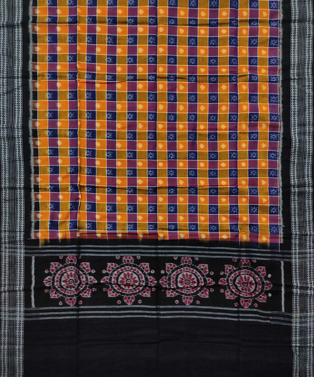 Yellow black checked handloom cotton sambalpuri dupatta