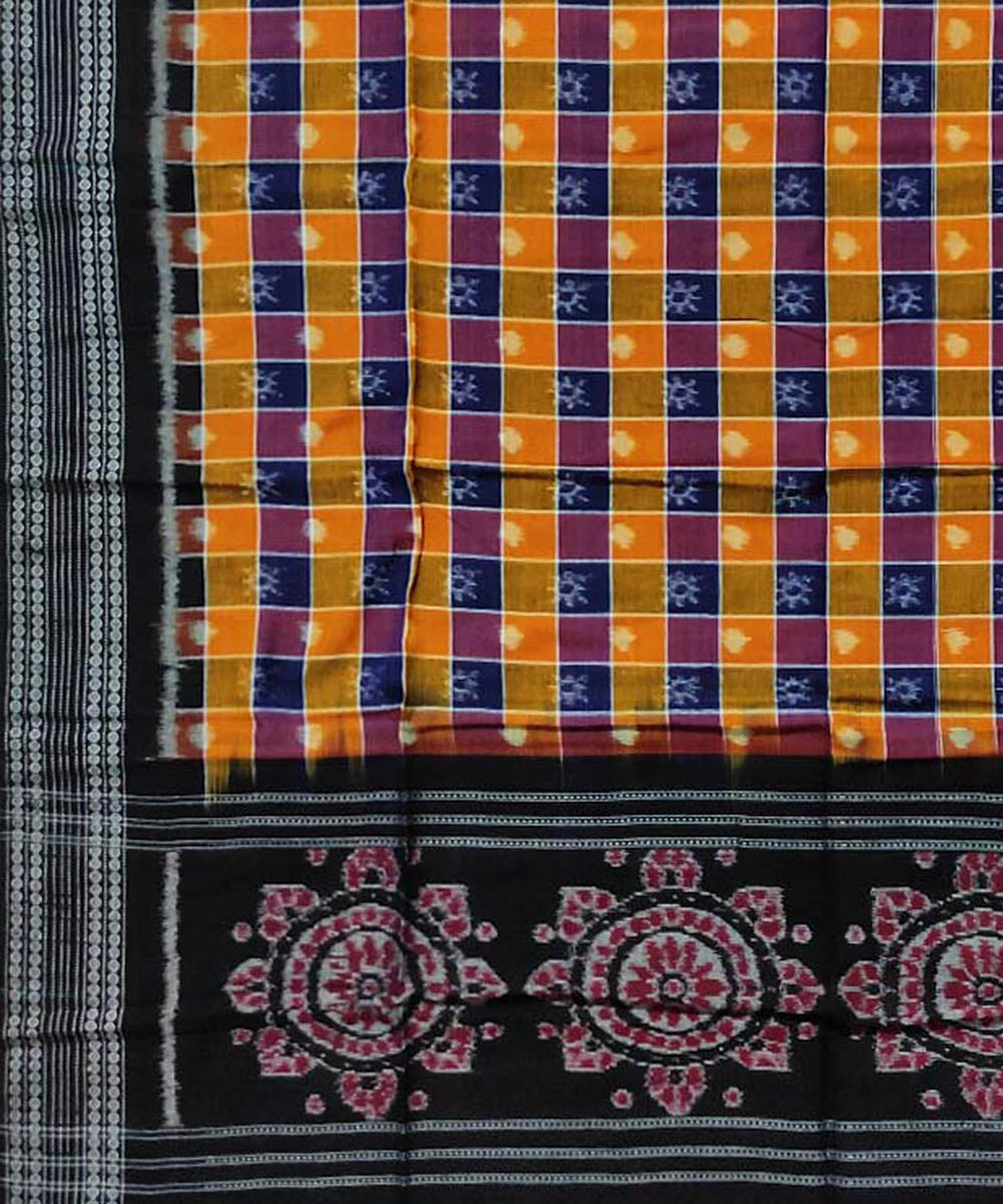 Yellow black checked handloom cotton sambalpuri dupatta