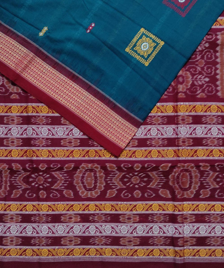 Turquoise maroon cotton handloom bomkai saree